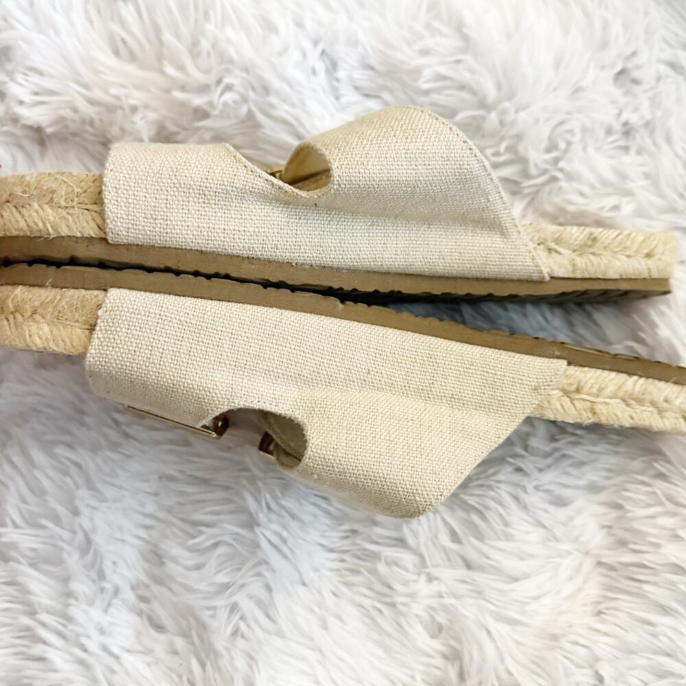 HAUTE HIPPIE | Beige Cream Linen Jute Sandals Gold Buckles Slide On | Size 7.5 - Picture 7 of 7